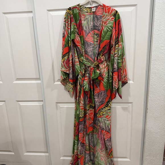 Philthy Dresses & Skirts - Philthy Tropical Leaf Print Maxi Kimono Robe Ruffle Hem Red Green L/XL